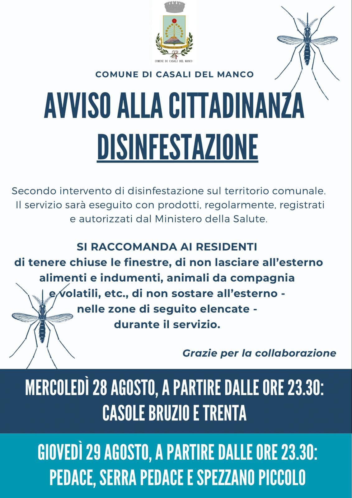 Secondo intervento di disinfestazione sul territorio comunale