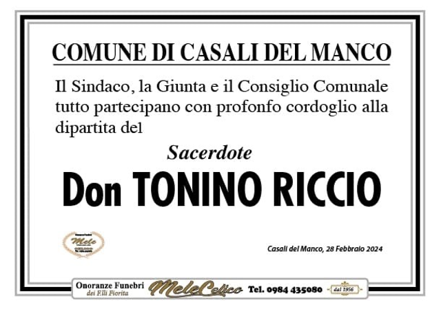 Il cordoglio dell'Amministrazione comunale per la dipartita di Don Tonino Riccio